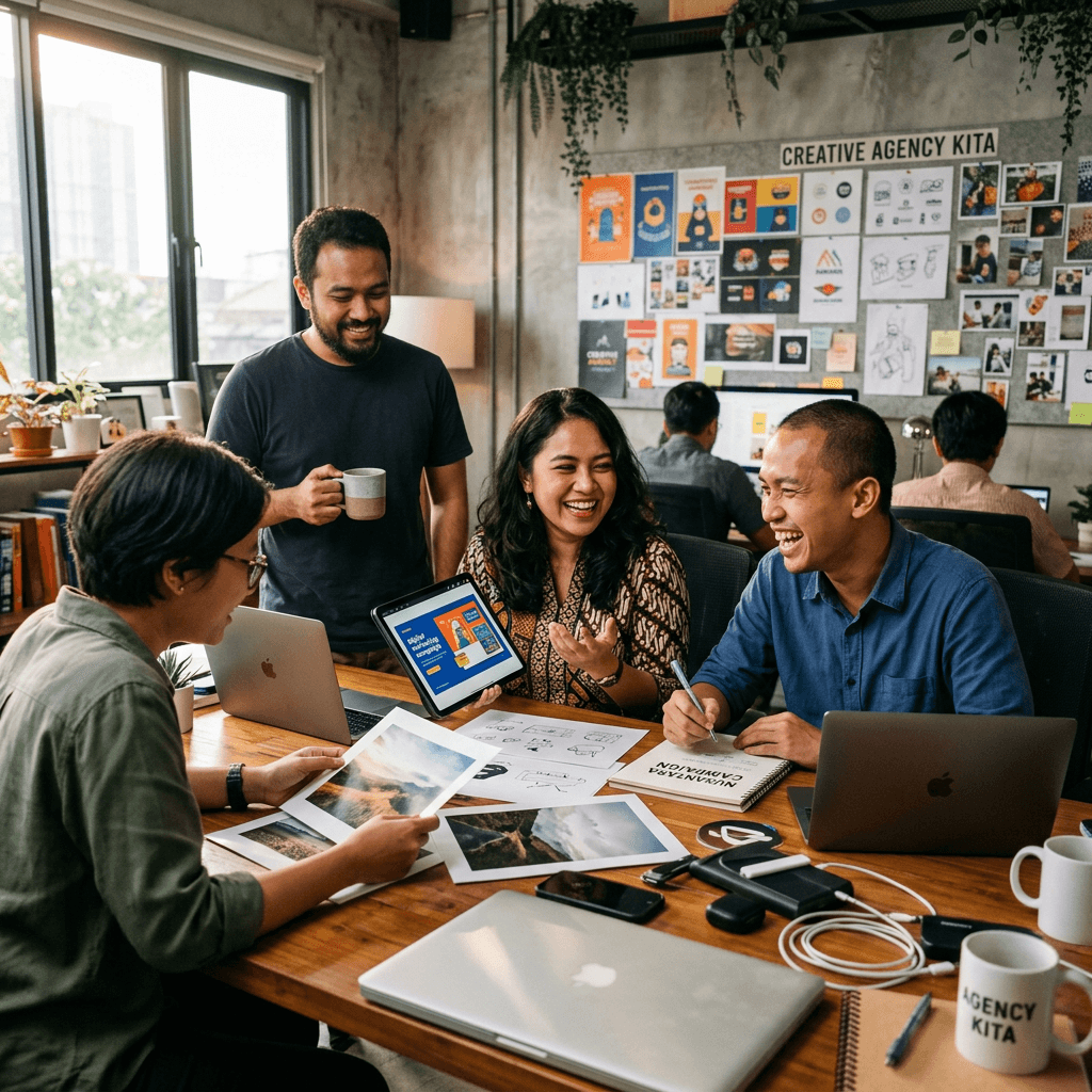 Tim CLENIA berkolaborasi merencanakan strategi digital marketing untuk klien bisnis Indonesia